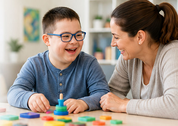 Child and caregiver smiling at a table